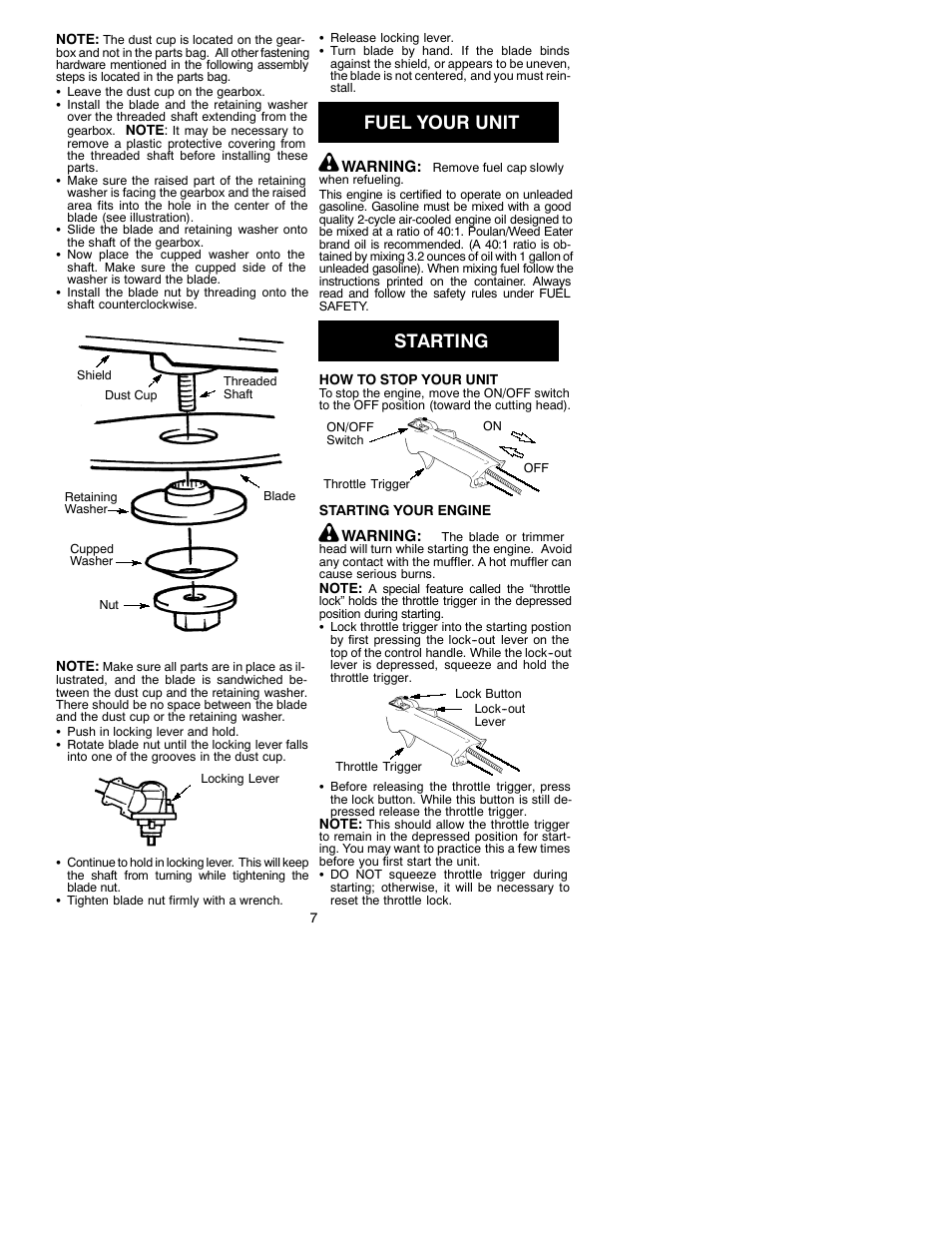 Fuel your unit, Starting | Weed Eater 530088776 User Manual | Page 7 / 12