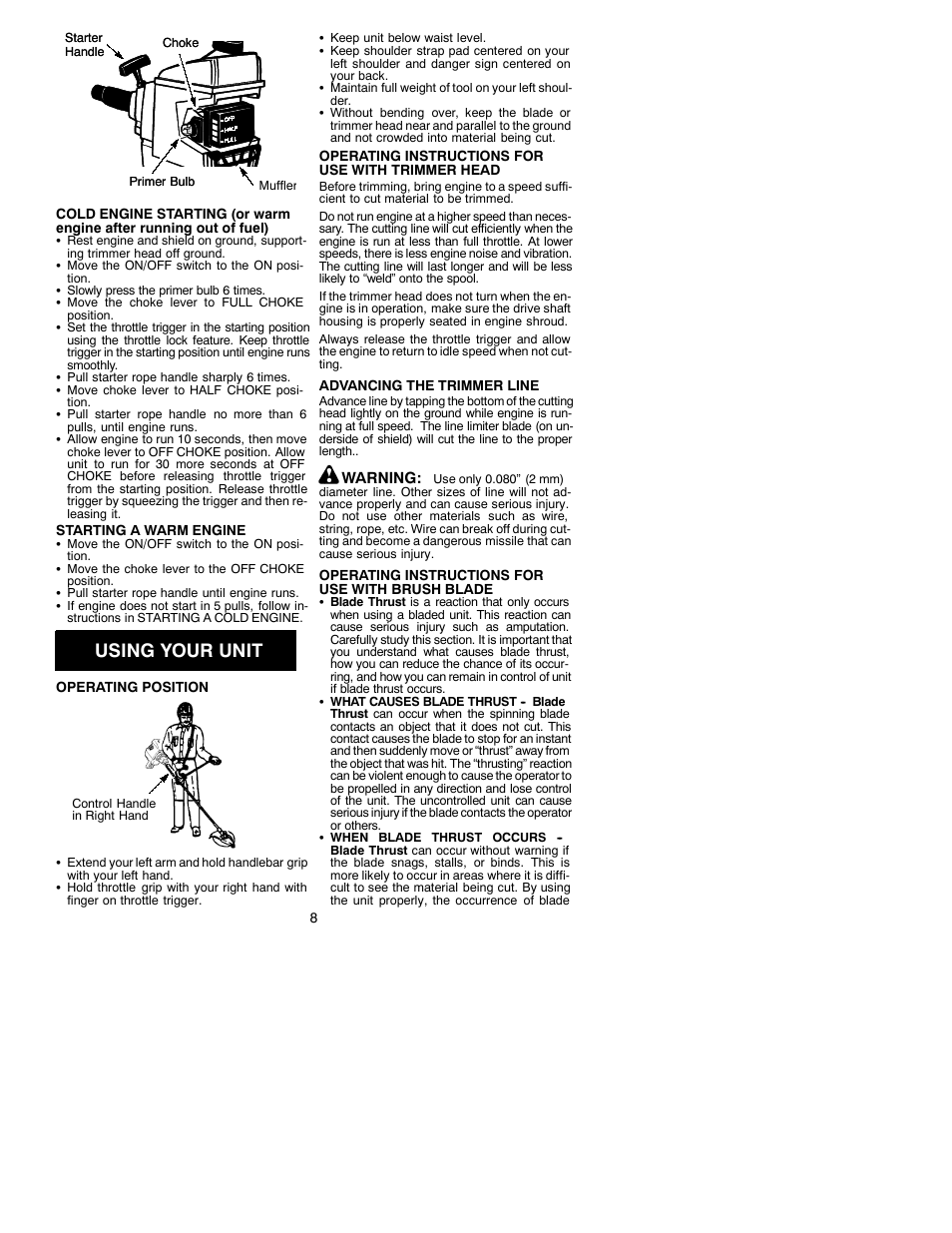 Using your unit | Weed Eater 530088776 User Manual | Page 8 / 12