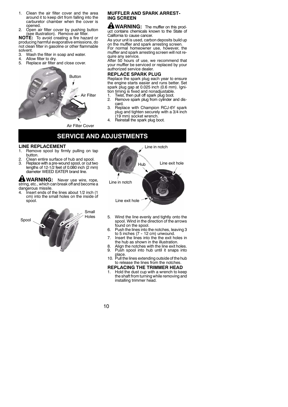Service and adjustments, Warning | Weed Eater 545186796 User Manual | Page 10 / 14