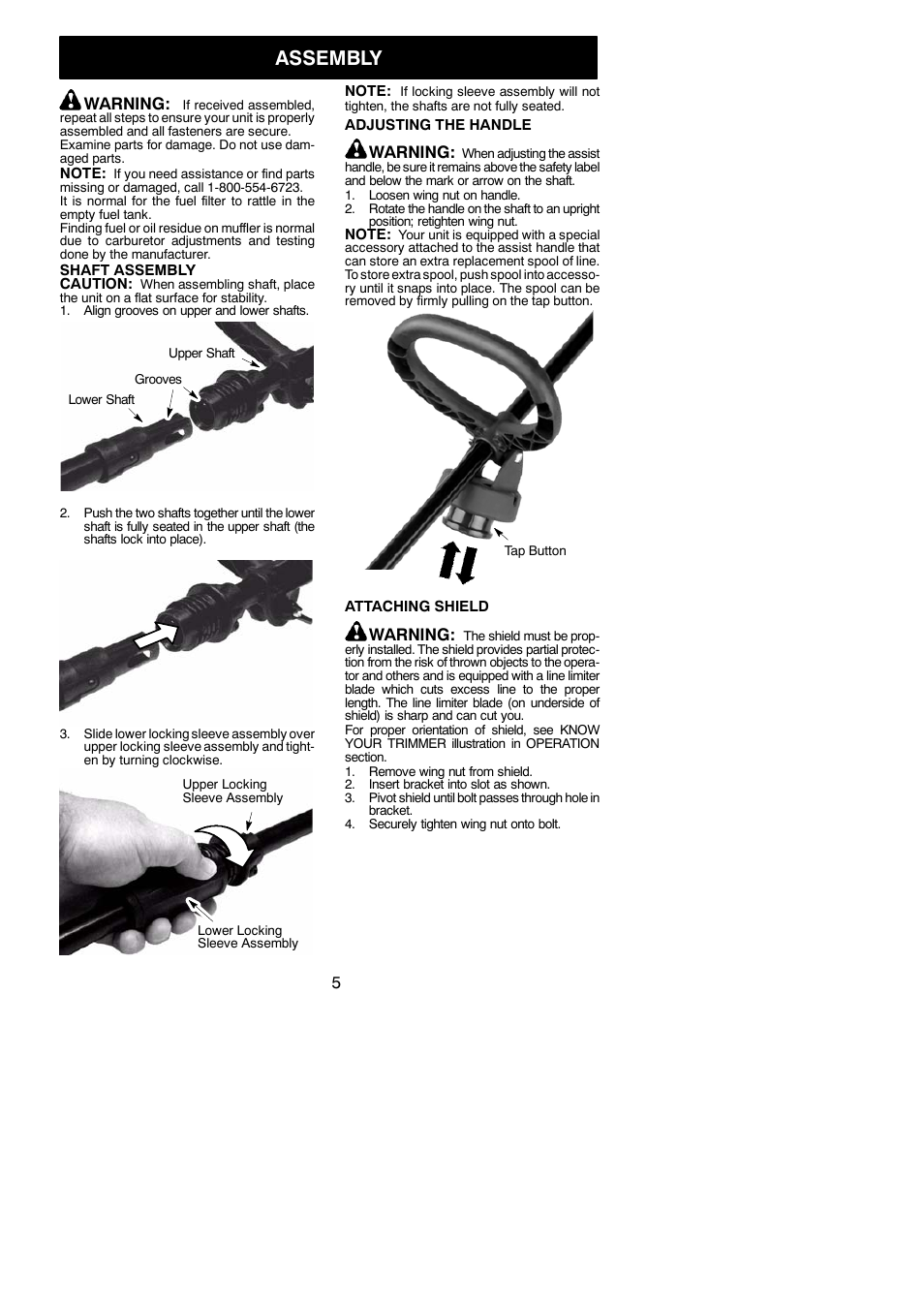 Assembly, Warning | Weed Eater 545186796 User Manual | Page 5 / 14