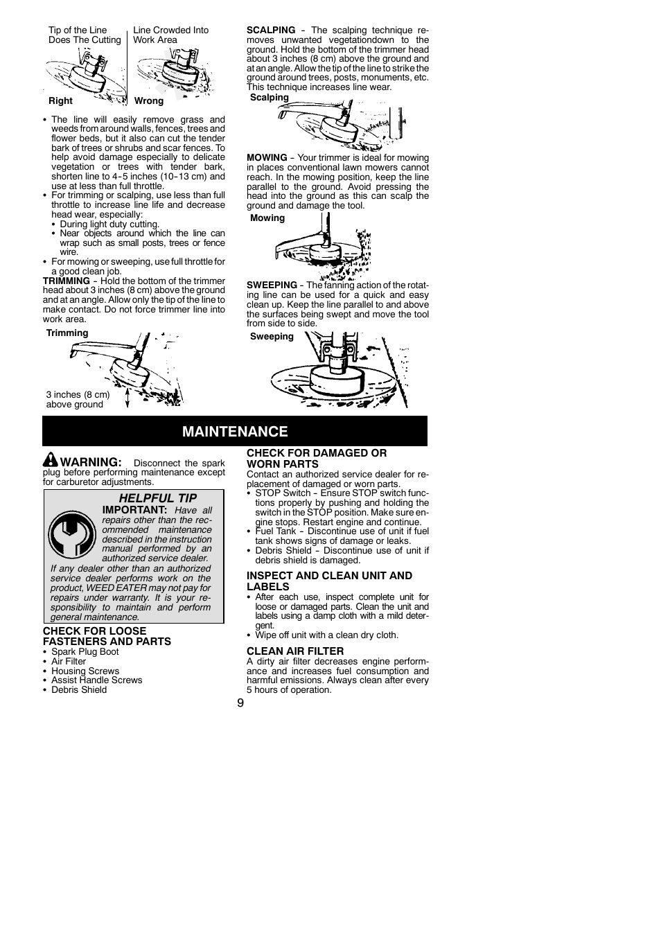 Maintenance, Warning, Helpful tip | Weed Eater 545186796 User Manual | Page 9 / 14