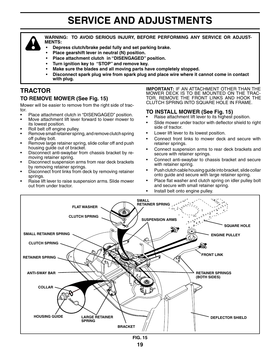 Service and adjustments, Tractor | Weed Eater WE1338A User Manual | Page 19 / 48