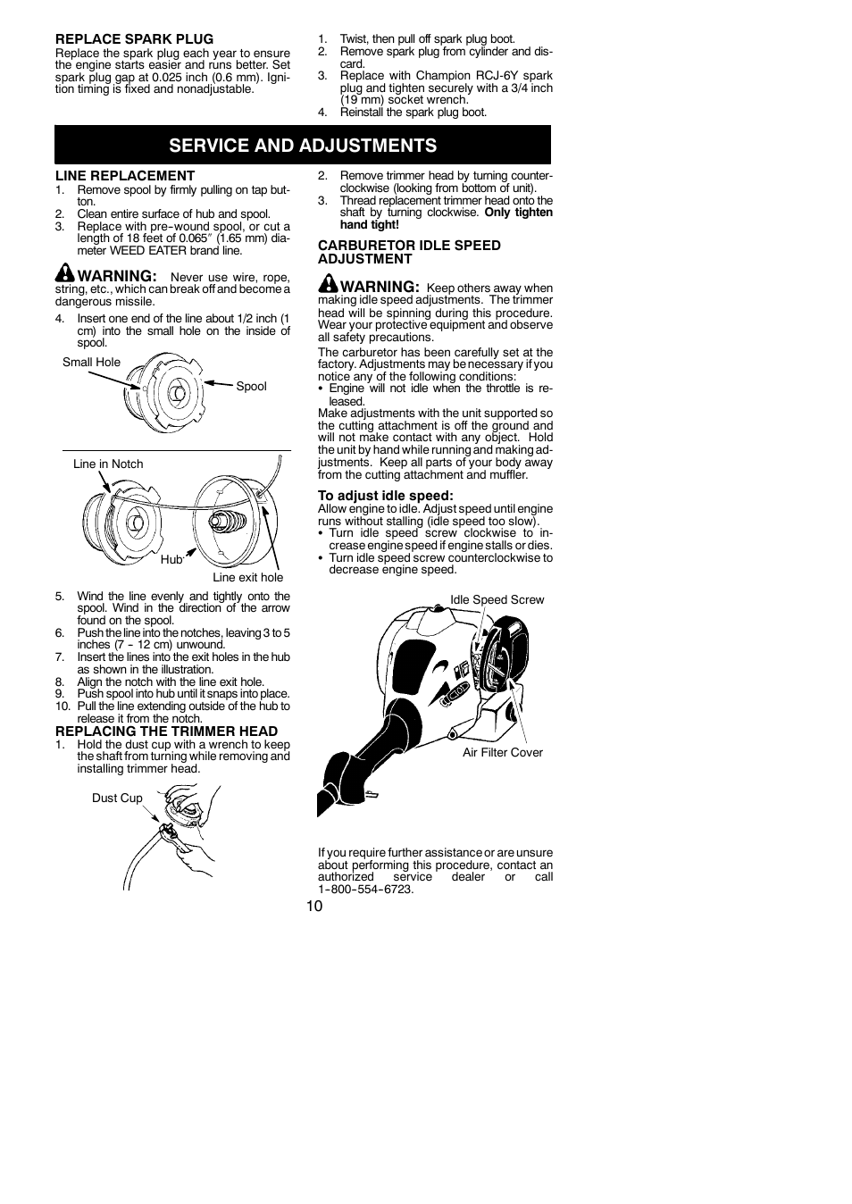 Service and adjustments, Warning | Weed Eater FL23 User Manual | Page 10 / 14