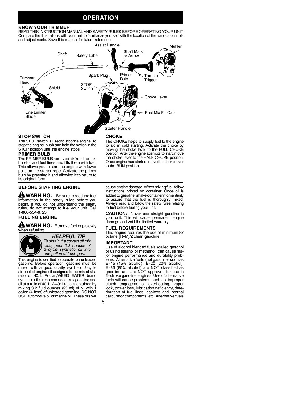 Operation, Warning, Helpful tip | Weed Eater FL23 User Manual | Page 6 / 14