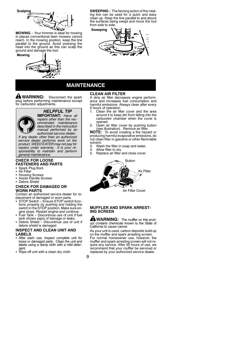 Maintenance, Warning, Helpful tip | Weed Eater FL23 User Manual | Page 9 / 14