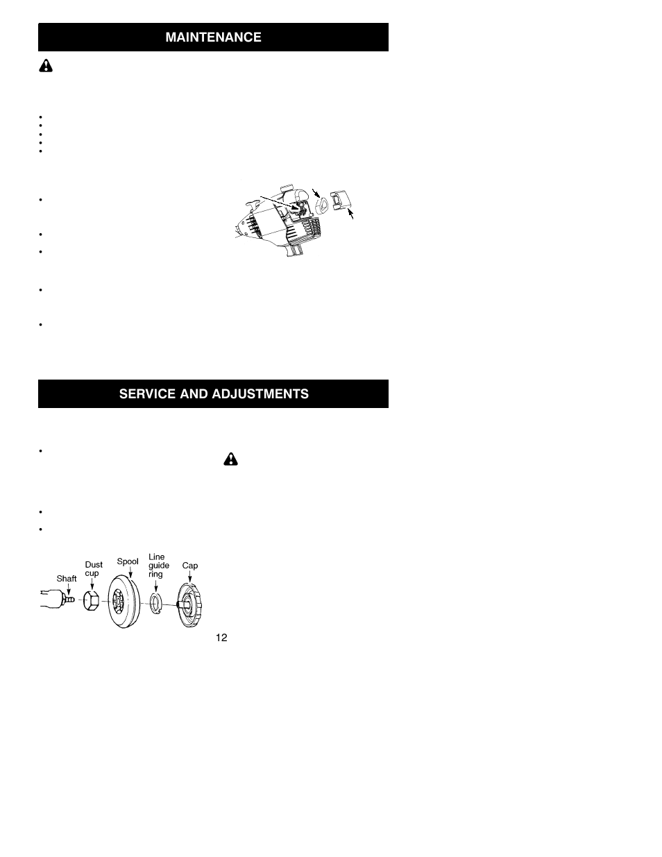 Maintenance, Service and adjustments | Weed Eater 530163734 User Manual | Page 12 / 16