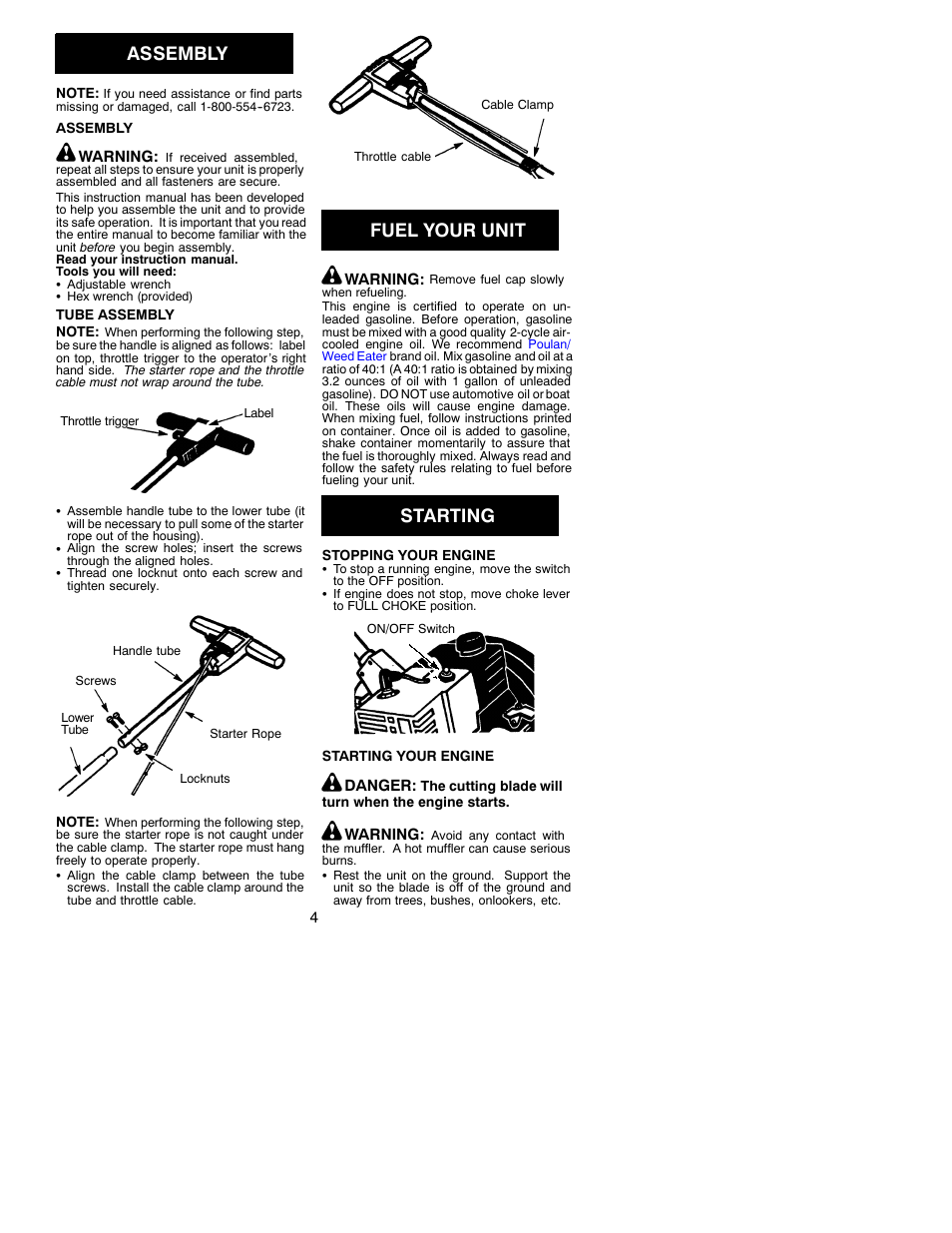 Assembly, Fuel your unit, Starting | Weed Eater 530088959 User Manual | Page 4 / 8