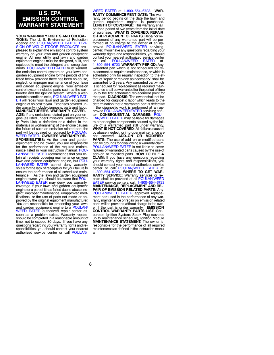 U.s. epa emission control warranty statement | Weed Eater 530088959 User Manual | Page 8 / 8