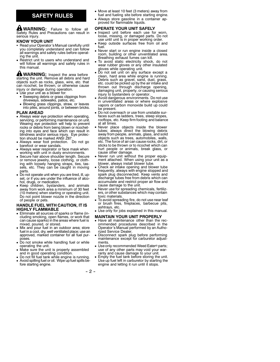 Safety rules, Warning | Weed Eater 530086312 User Manual | Page 2 / 7