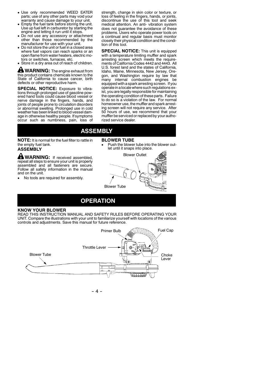 Assembly, Operation, Warning | Weed Eater 545186783 User Manual | Page 4 / 10