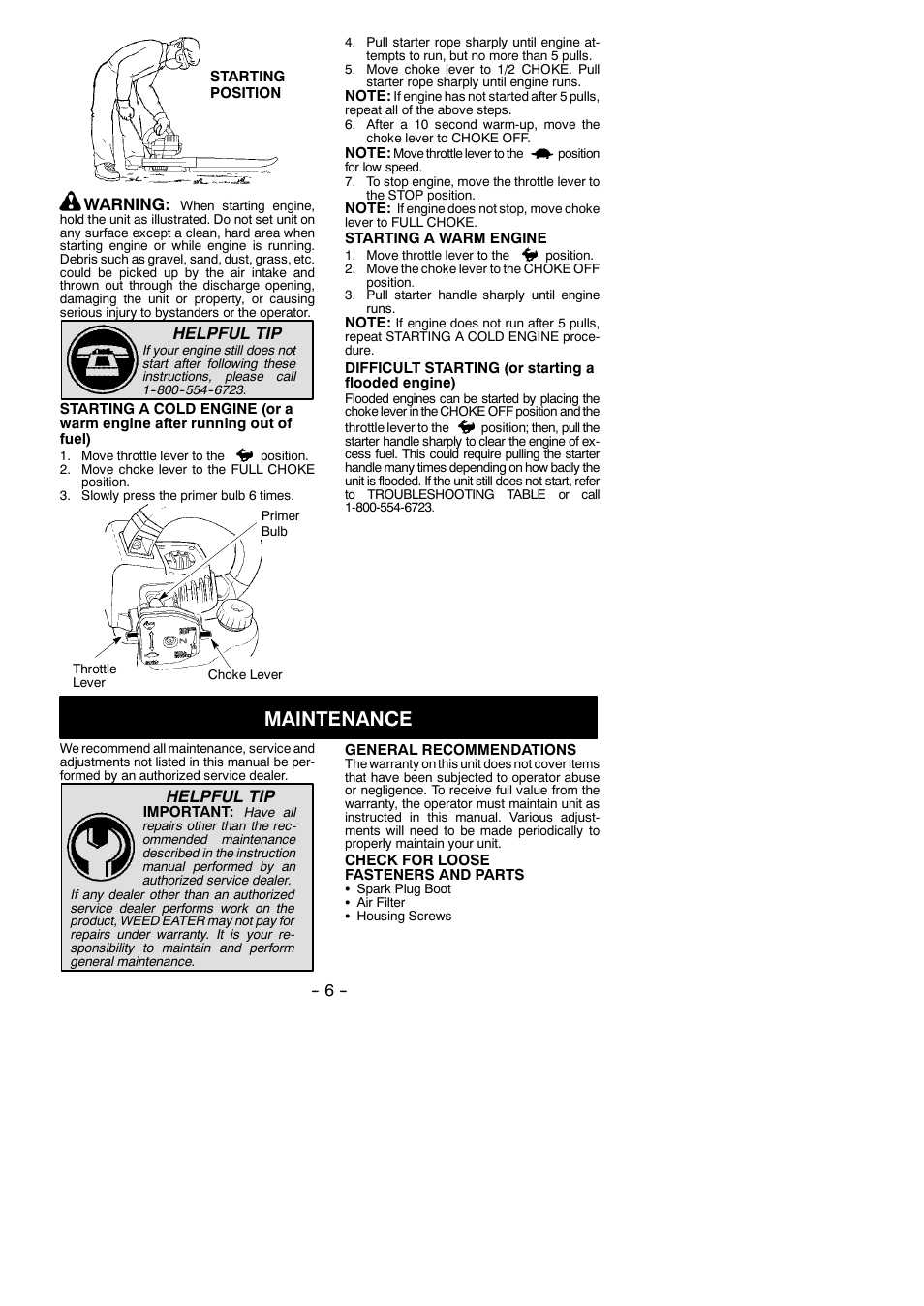 Maintenance, Warning, Helpful tip | Weed Eater 545186783 User Manual | Page 6 / 10