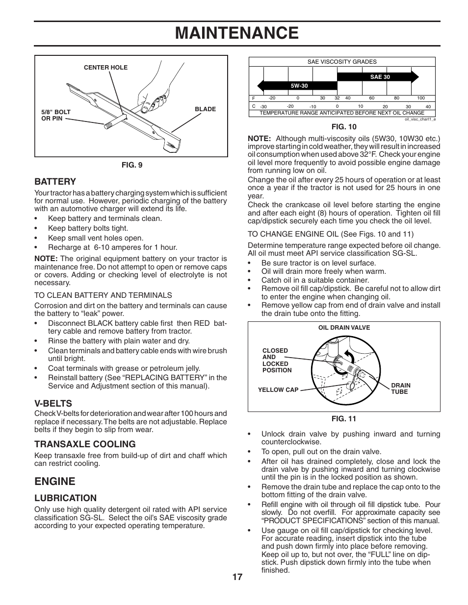 Maintenance, Engine, Battery | V-belts, Transaxle cooling, Lubrication | Weed Eater 60614 User Manual | Page 17 / 30