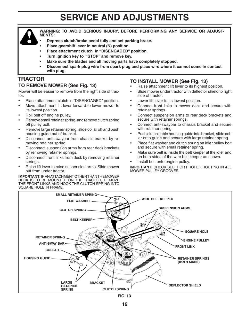 Service and adjustments, Tractor | Weed Eater 60614 User Manual | Page 19 / 30