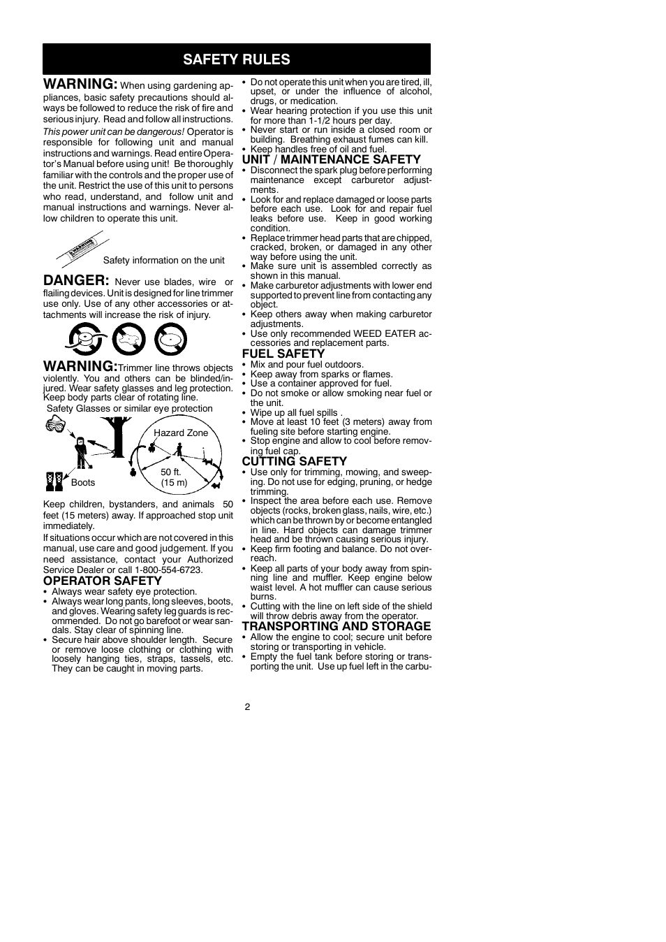 Safety rules warning, Danger, Warning | Operator safety, Unit / maintenance safety, Fuel safety, Cutting safety, Transporting and storage | Weed Eater Twist N' Edge 530083927 User Manual | Page 2 / 6