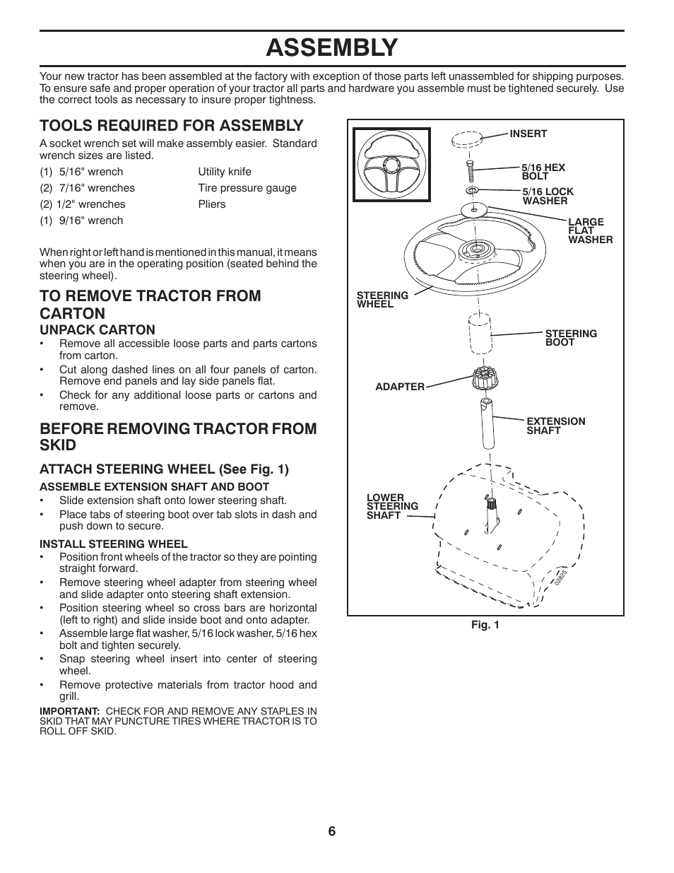 Assembly, Before removing tractor from skid, Tools required for assembly | Weed Eater 435073 User Manual | Page 6 / 30