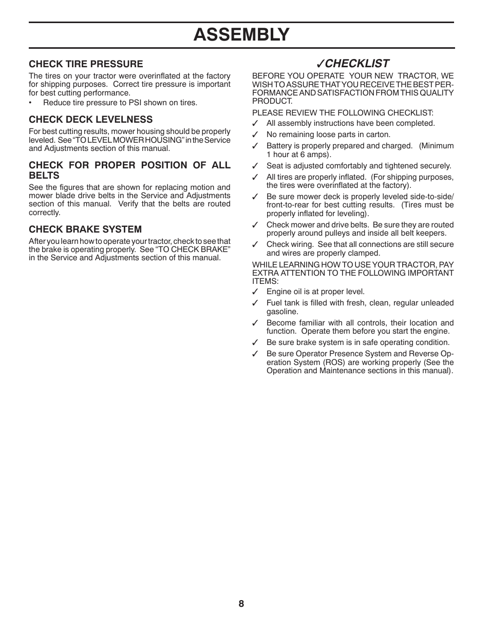 Assembly, Checklist | Weed Eater 435073 User Manual | Page 8 / 30