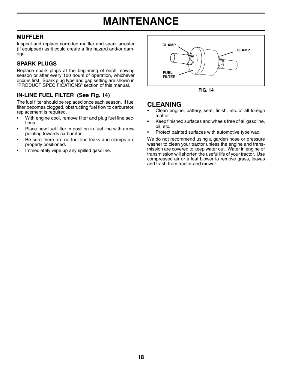 Maintenance, Cleaning | Weed Eater 187637 User Manual | Page 18 / 48