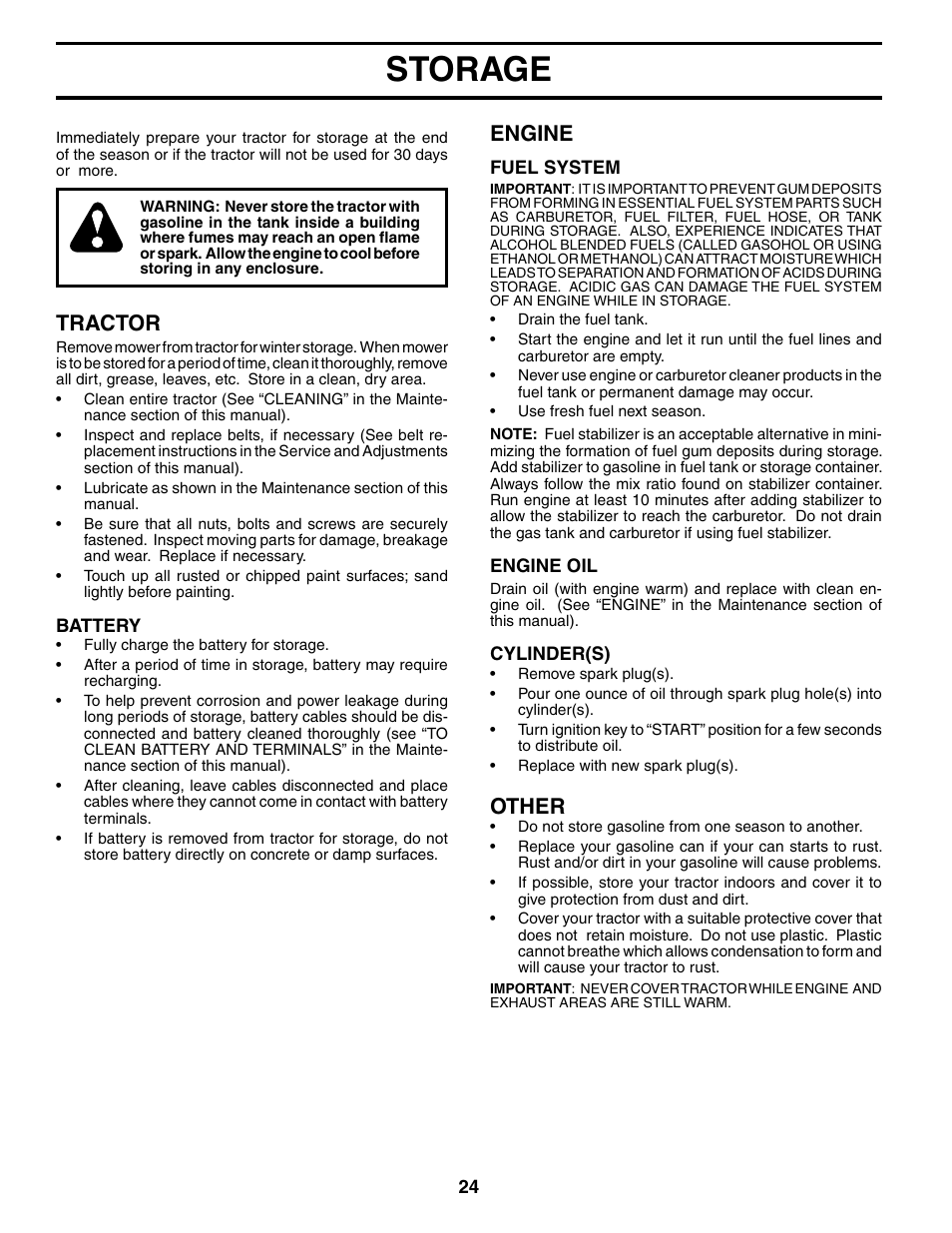 Storage, Tractor, Engine | Other | Weed Eater 187637 User Manual | Page 24 / 48