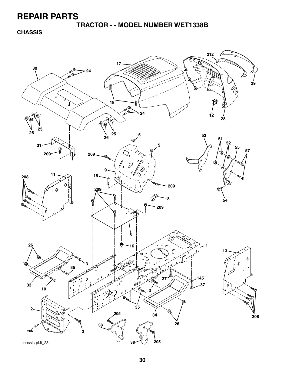 Repair parts, Tractor - - model number wet1338b, Chassis | Weed Eater 187637 User Manual | Page 30 / 48