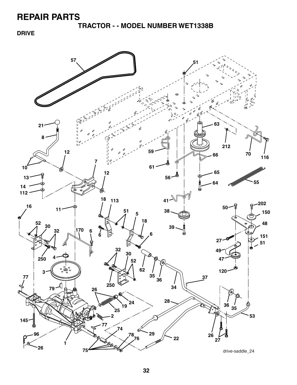 Repair parts, Tractor - - model number wet1338b | Weed Eater 187637 User Manual | Page 32 / 48