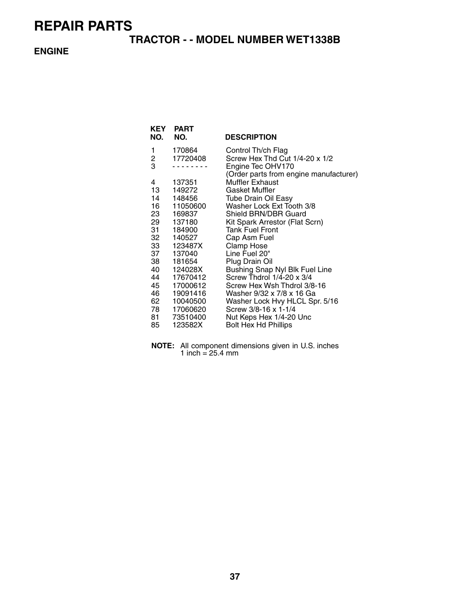 Repair parts, Tractor - - model number wet1338b | Weed Eater 187637 User Manual | Page 37 / 48