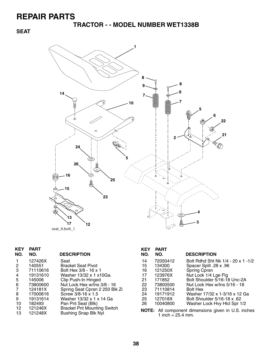 Repair parts, Tractor - - model number wet1338b | Weed Eater 187637 User Manual | Page 38 / 48
