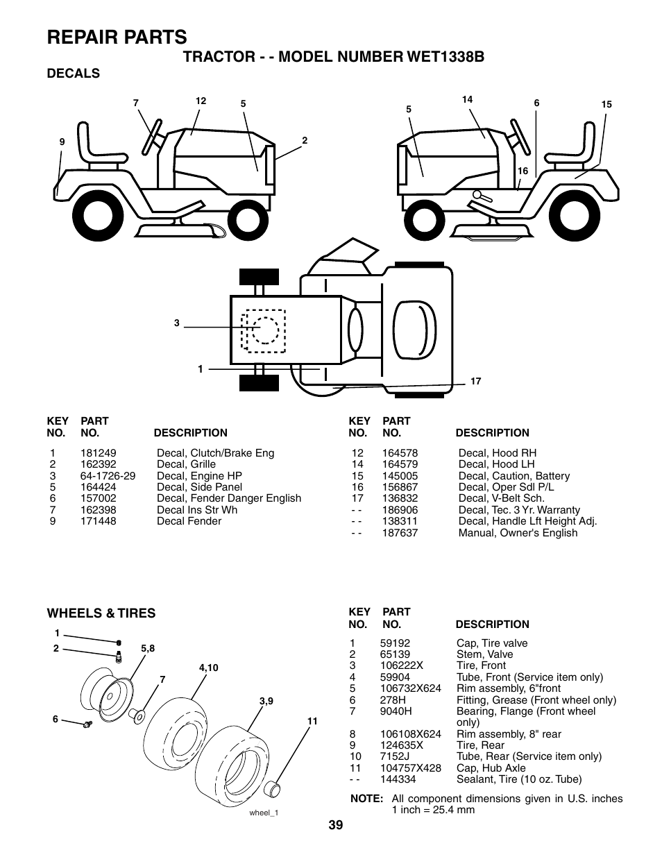 Repair parts, Tractor - - model number wet1338b | Weed Eater 187637 User Manual | Page 39 / 48