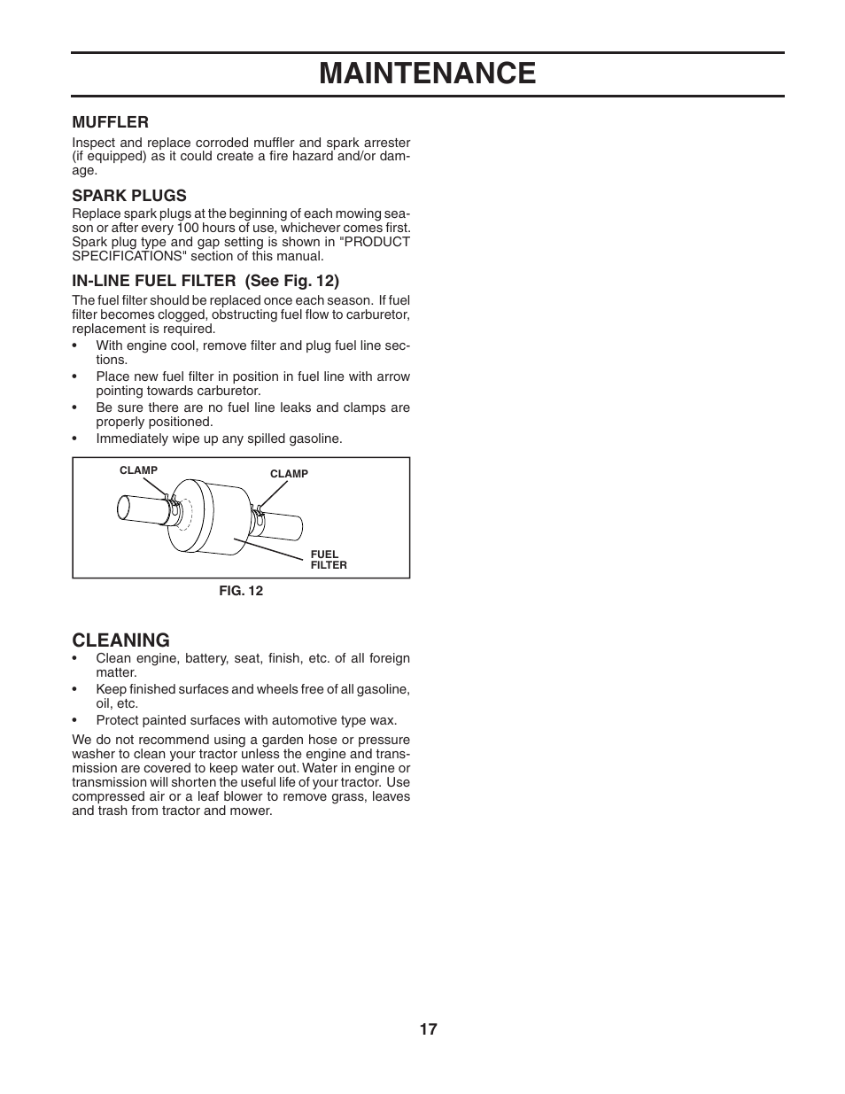 Maintenance, Cleaning | Weed Eater 186832 User Manual | Page 17 / 44