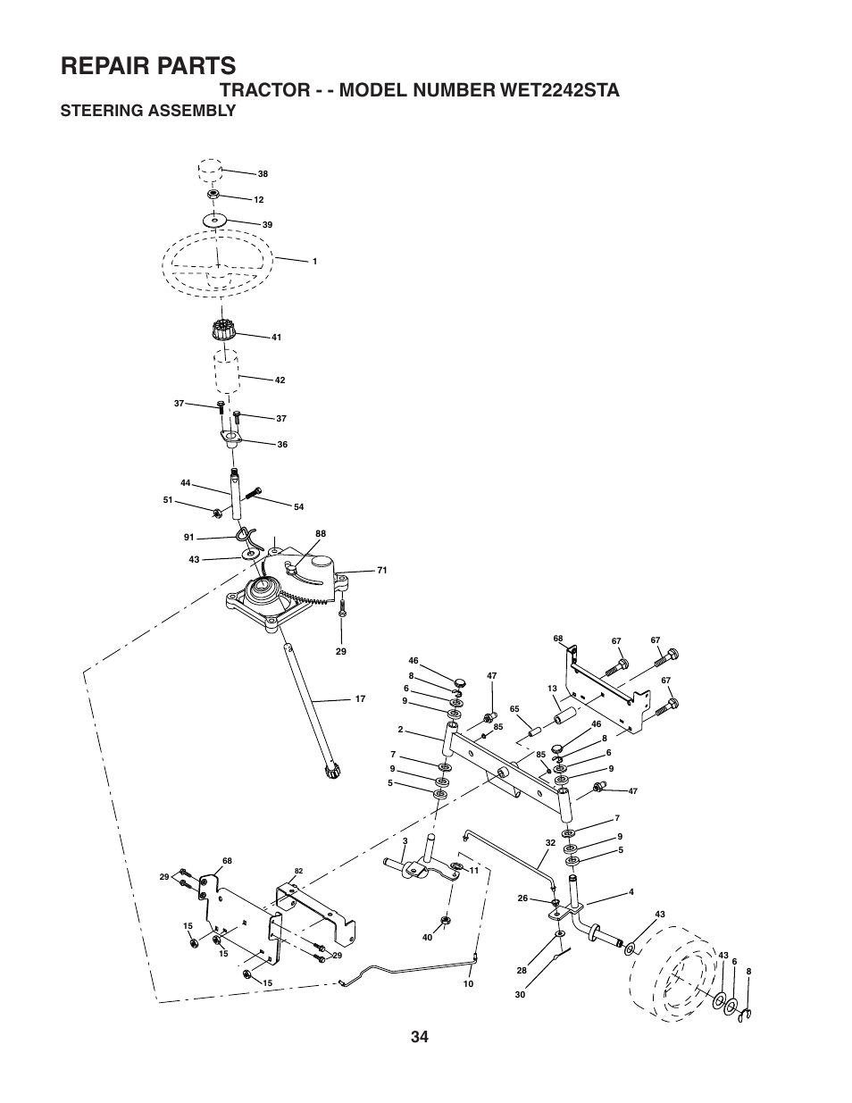 Repair parts, Tractor - - model number wet2242sta, Steering assembly | Weed Eater 186832 User Manual | Page 34 / 44