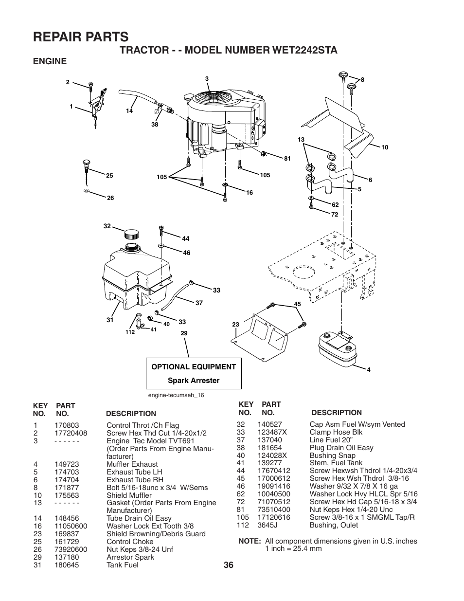 Repair parts, Tractor - - model number wet2242sta, Engine | Weed Eater 186832 User Manual | Page 36 / 44