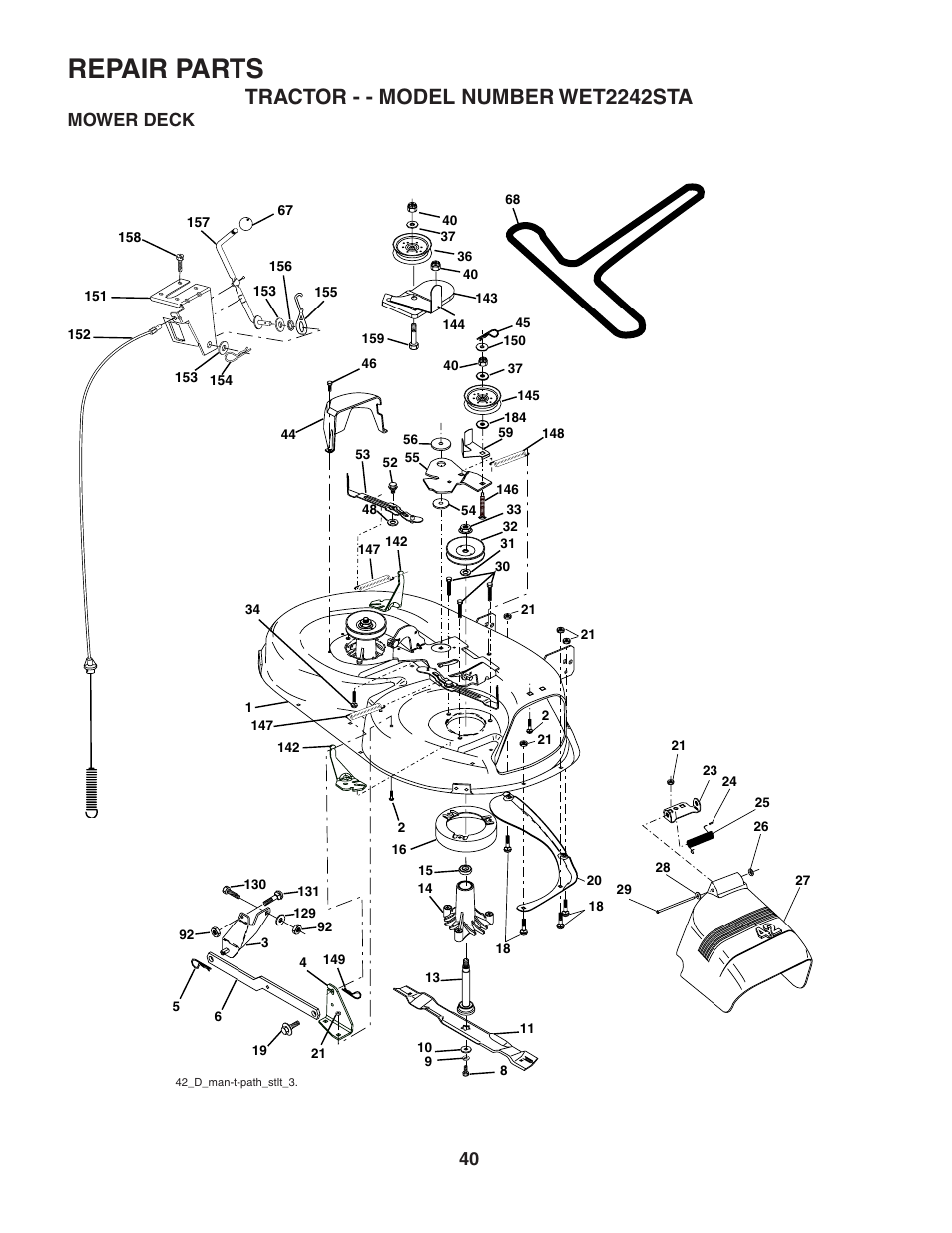 Repair parts, Tractor - - model number wet2242sta, Mower deck | Weed Eater 186832 User Manual | Page 40 / 44