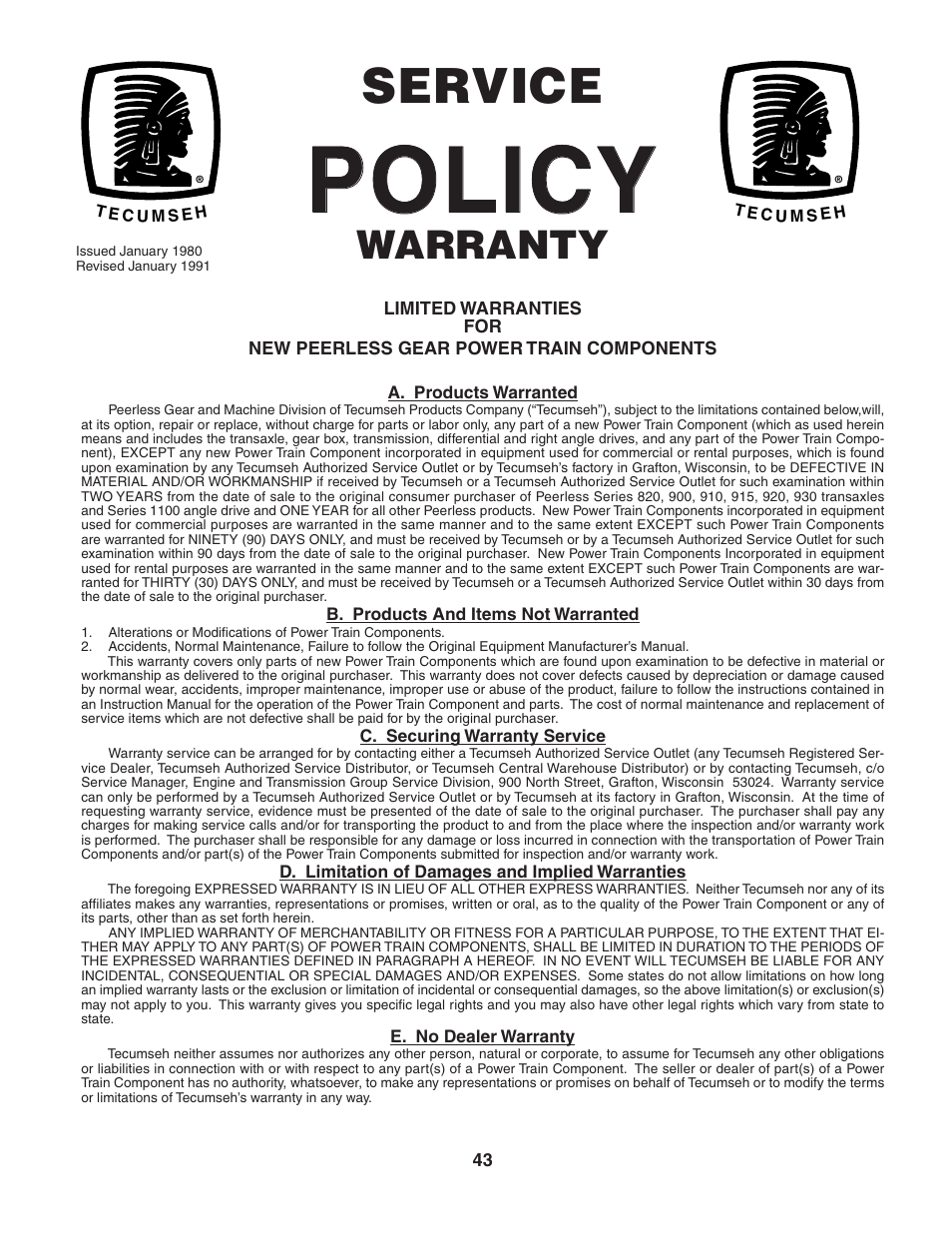 Policy, Service, Warranty | Weed Eater 186832 User Manual | Page 43 / 44