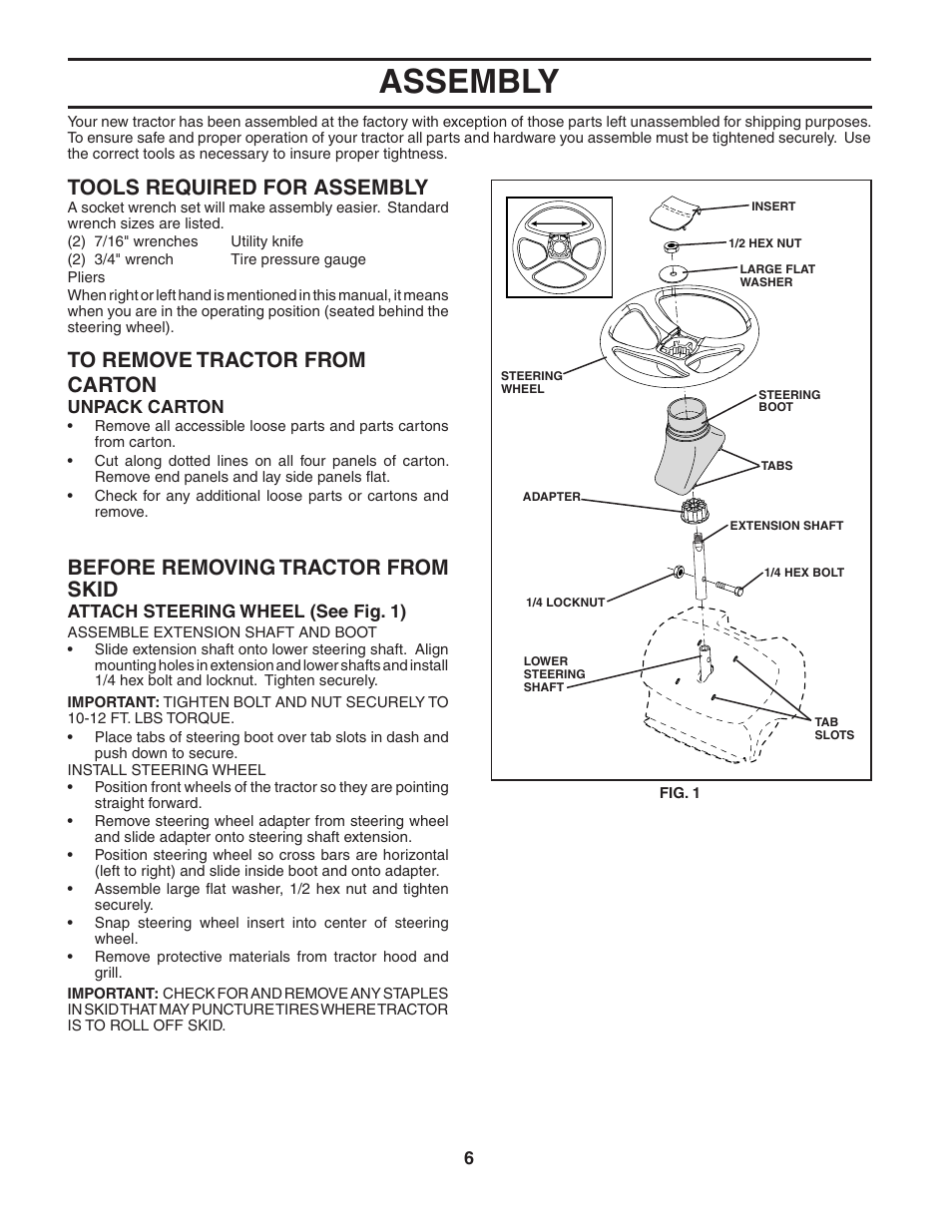 Assembly, Tools required for assembly, Before removing tractor from skid | Weed Eater 186832 User Manual | Page 6 / 44