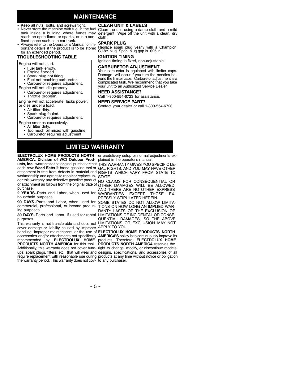 Maintenance, Limited warranty | Weed Eater 530087060 User Manual | Page 5 / 6