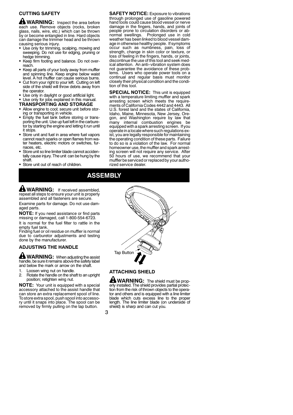 Assembly, Warning | Weed Eater FX26S User Manual | Page 3 / 12