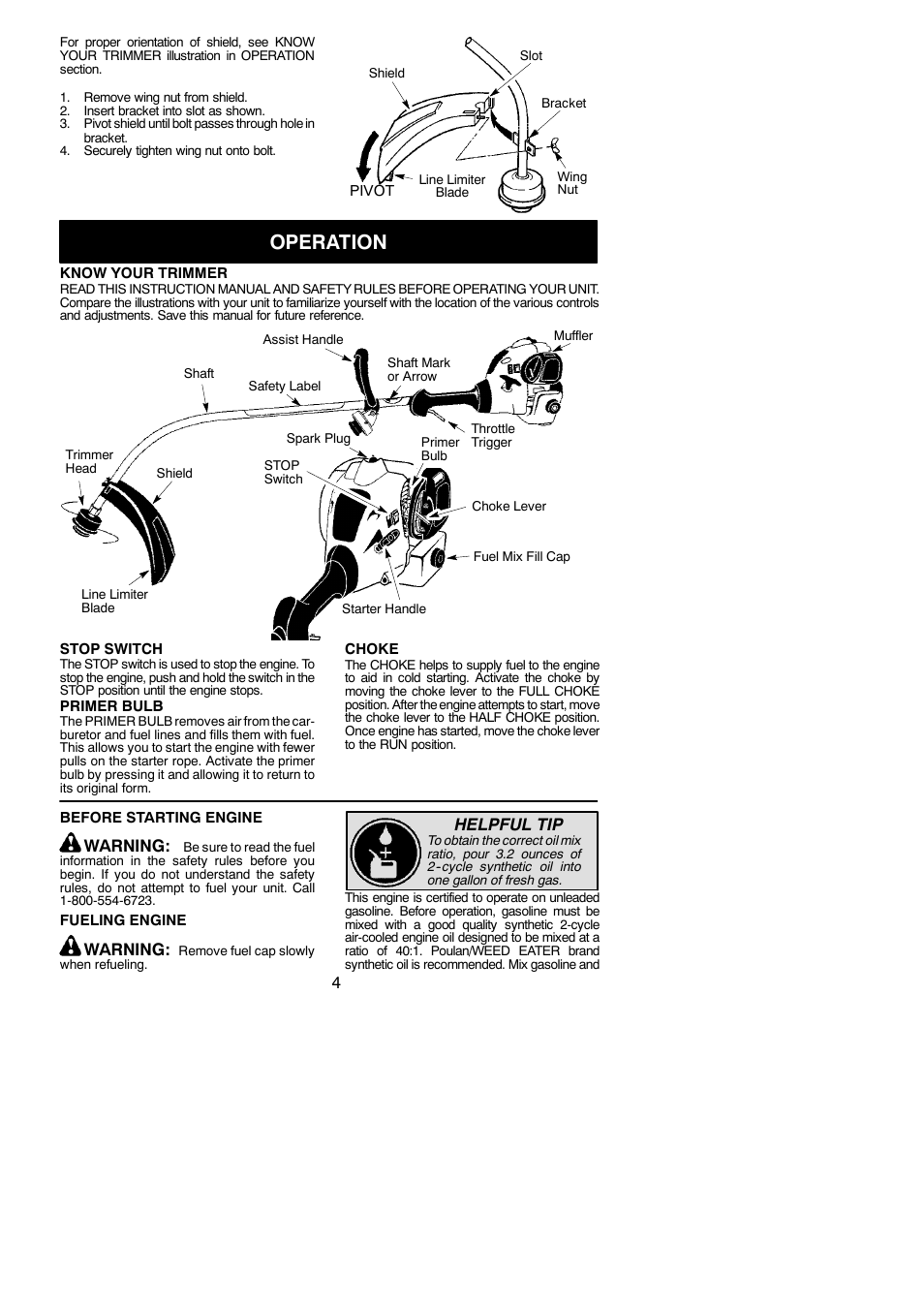 Operation, Warning, Helpful tip | Weed Eater FX26S User Manual | Page 4 / 12