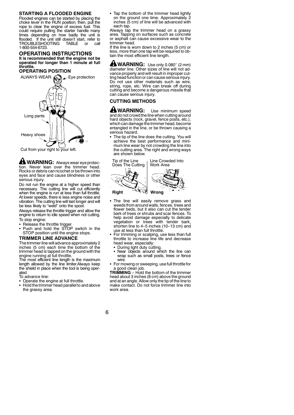 Operating instructions, Warning | Weed Eater FX26S User Manual | Page 6 / 12
