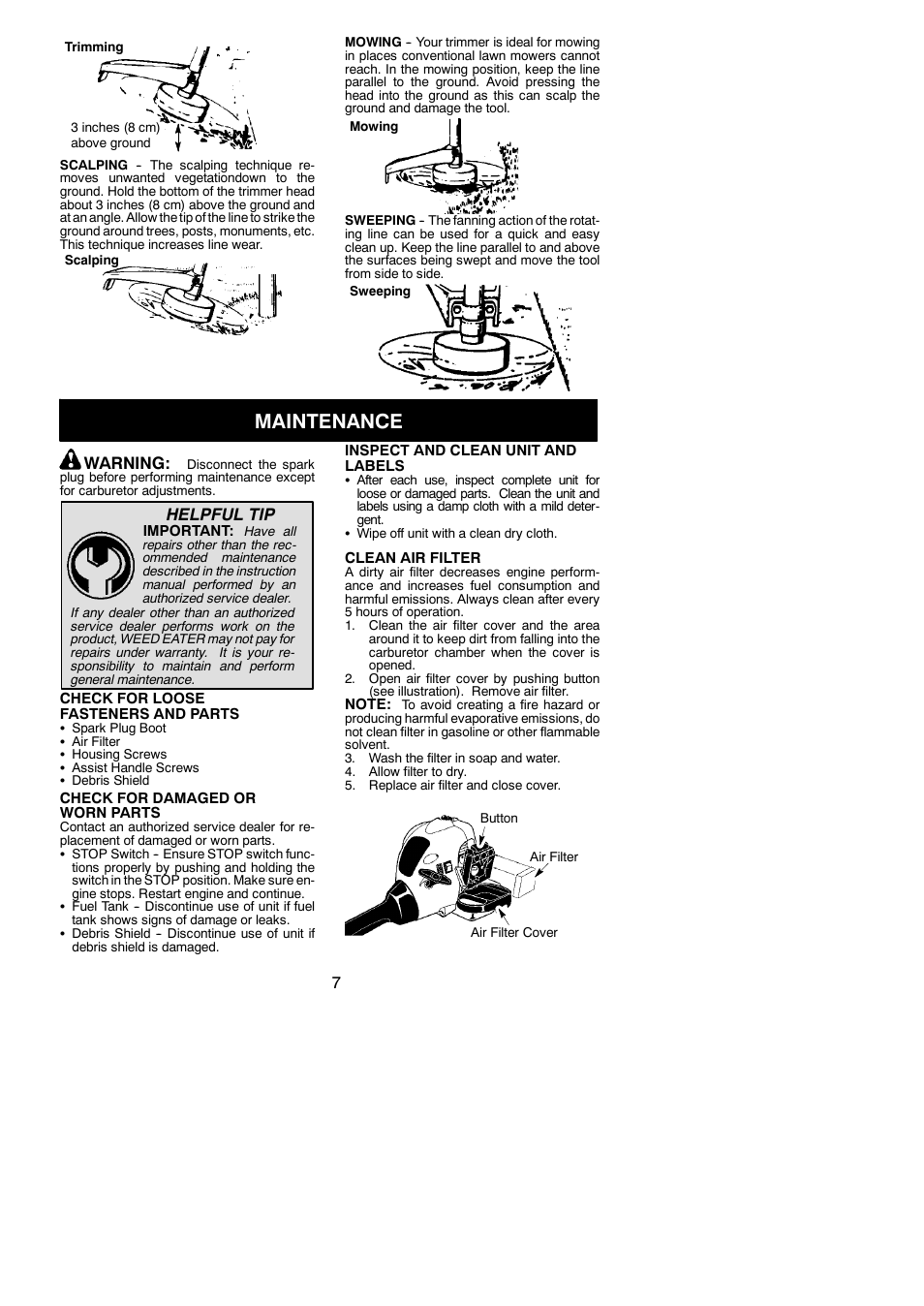 Maintenance, Warning, Helpful tip | Weed Eater FX26S User Manual | Page 7 / 12