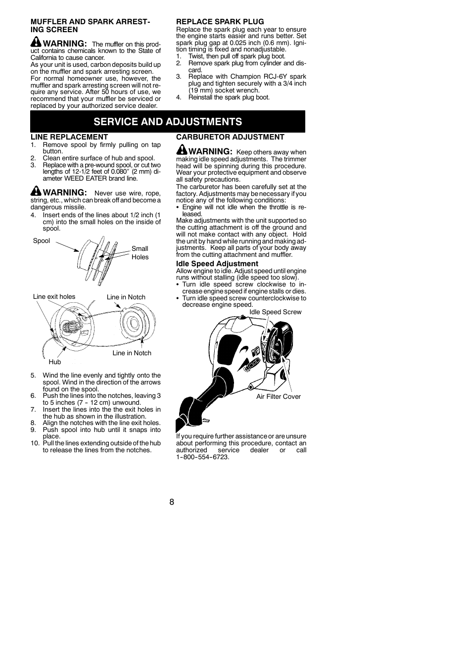 Service and adjustments, Warning | Weed Eater FX26S User Manual | Page 8 / 12