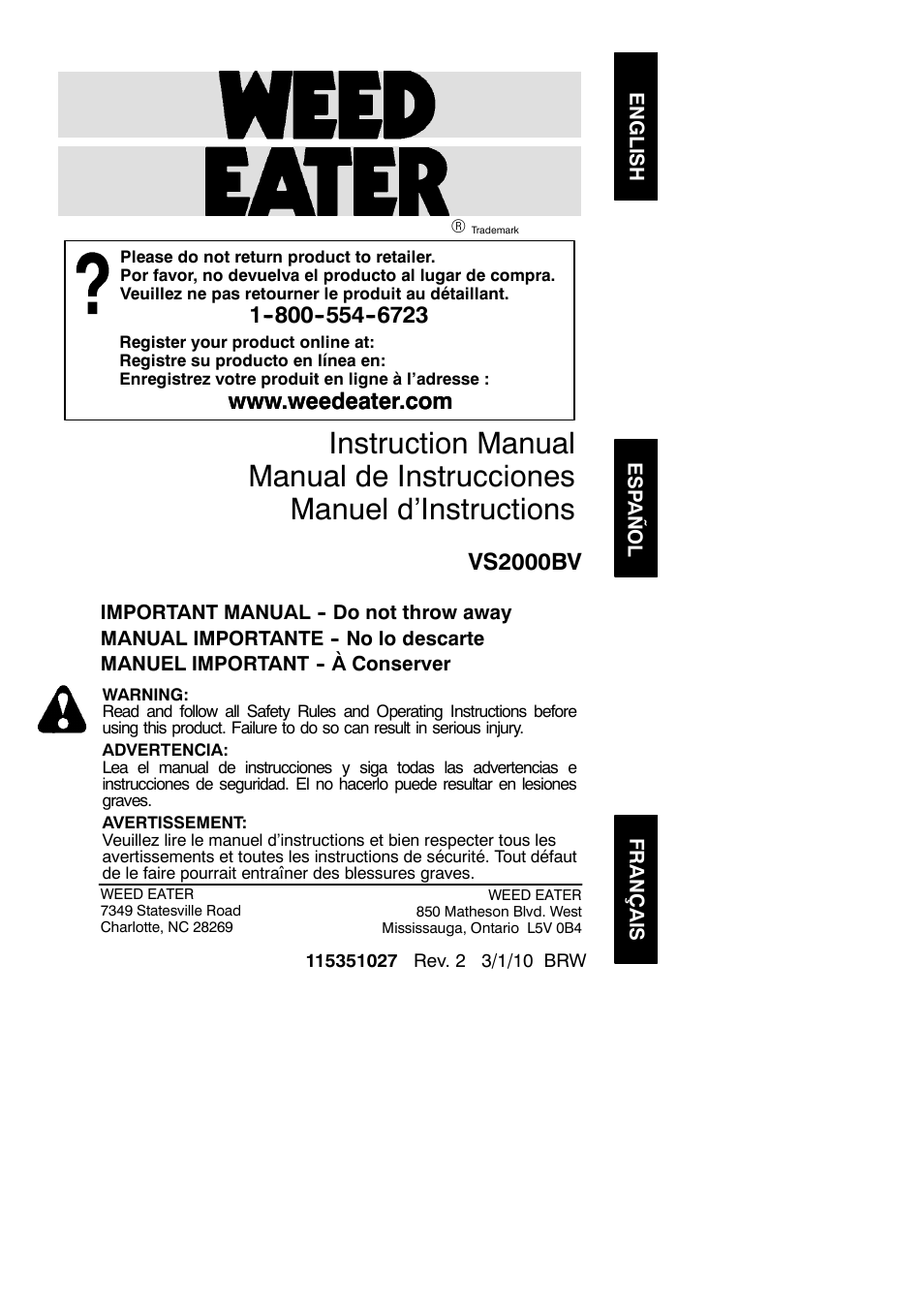 Weed Eater 952711922 User Manual | 14 pages
