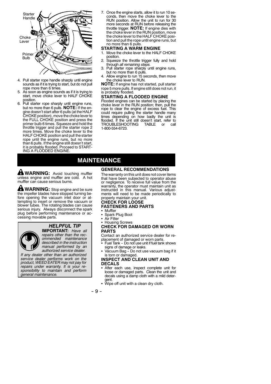 Maintenance, Warning, Helpful tip | Weed Eater 952711922 User Manual | Page 9 / 14