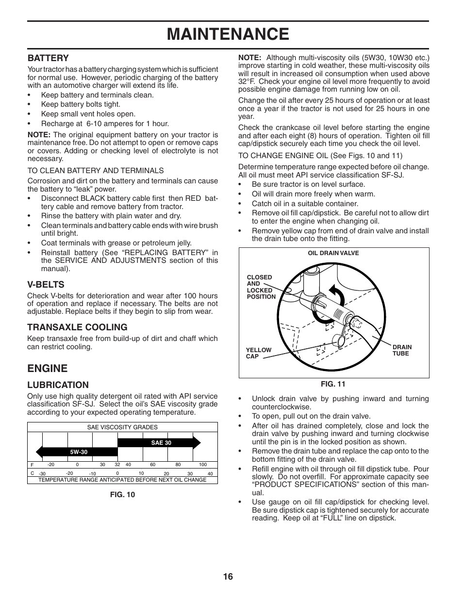 Maintenance, Engine, Lubrication | V-belts, Transaxle cooling, Battery | Weed Eater WE12538M User Manual | Page 16 / 48