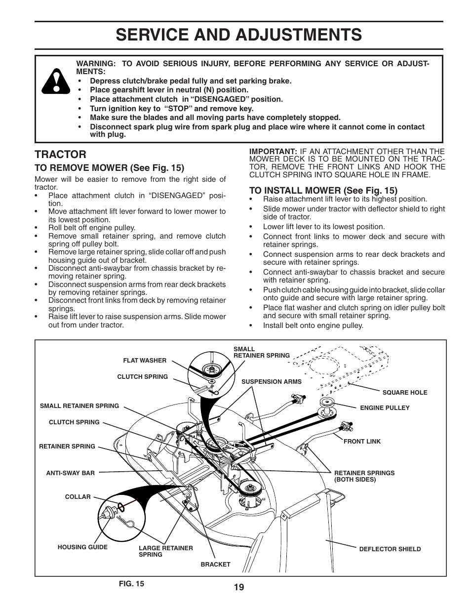 Service and adjustments, Tractor | Weed Eater WE12538M User Manual | Page 19 / 48