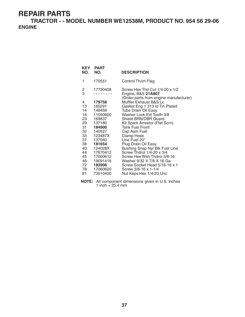 Repair parts | Weed Eater WE12538M User Manual | Page 37 / 48