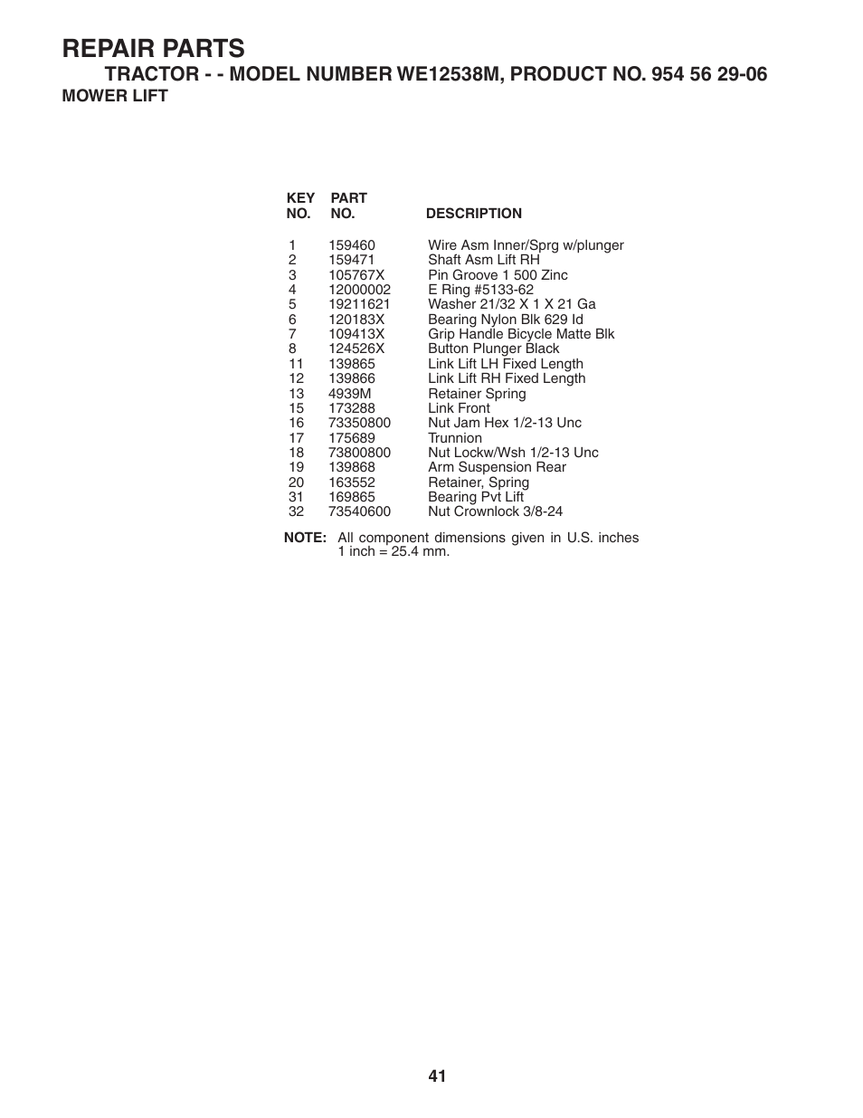 Repair parts | Weed Eater WE12538M User Manual | Page 41 / 48