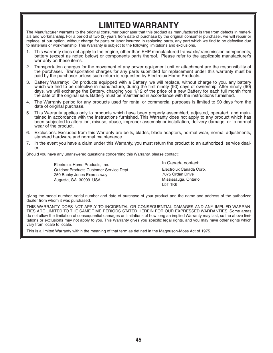 Limited warranty | Weed Eater WE12538M User Manual | Page 45 / 48