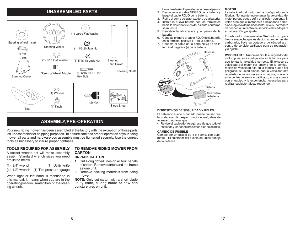 Unassembled parts, Assembly/pre-operation | Weed Eater WELRV1 User Manual | Page 6 / 26