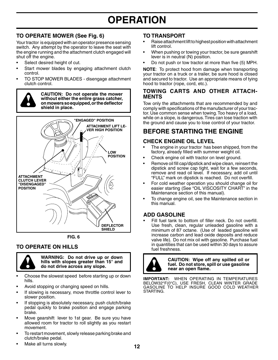 Operation, Before starting the engine | Weed Eater 186391 User Manual | Page 12 / 48