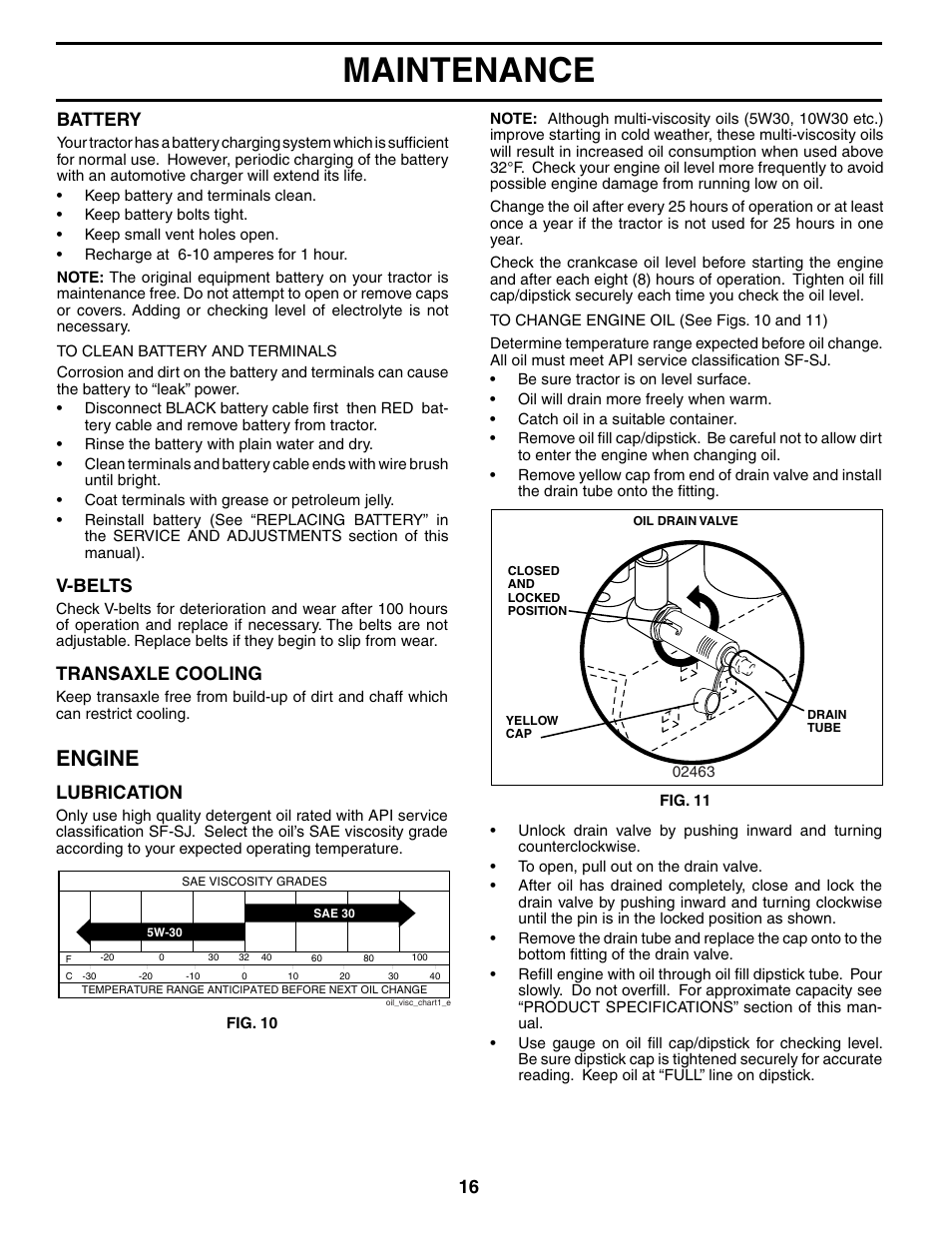 Maintenance, Engine, Lubrication | V-belts, Transaxle cooling, Battery | Weed Eater 186391 User Manual | Page 16 / 48