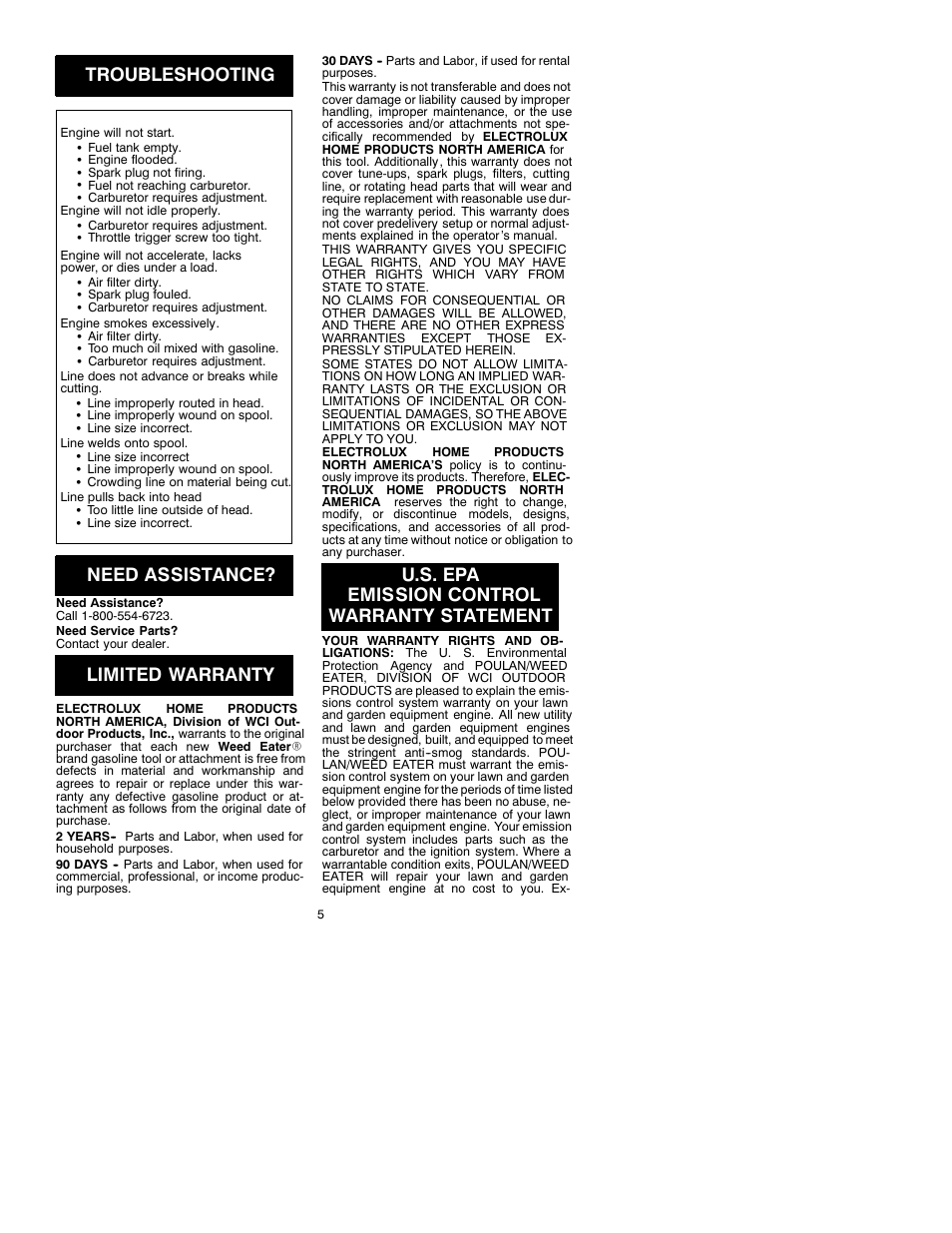 Troubleshooting, Need assistance, Limited warranty | U.s. epa emission control warranty statement | Weed Eater 530087729 User Manual | Page 5 / 6